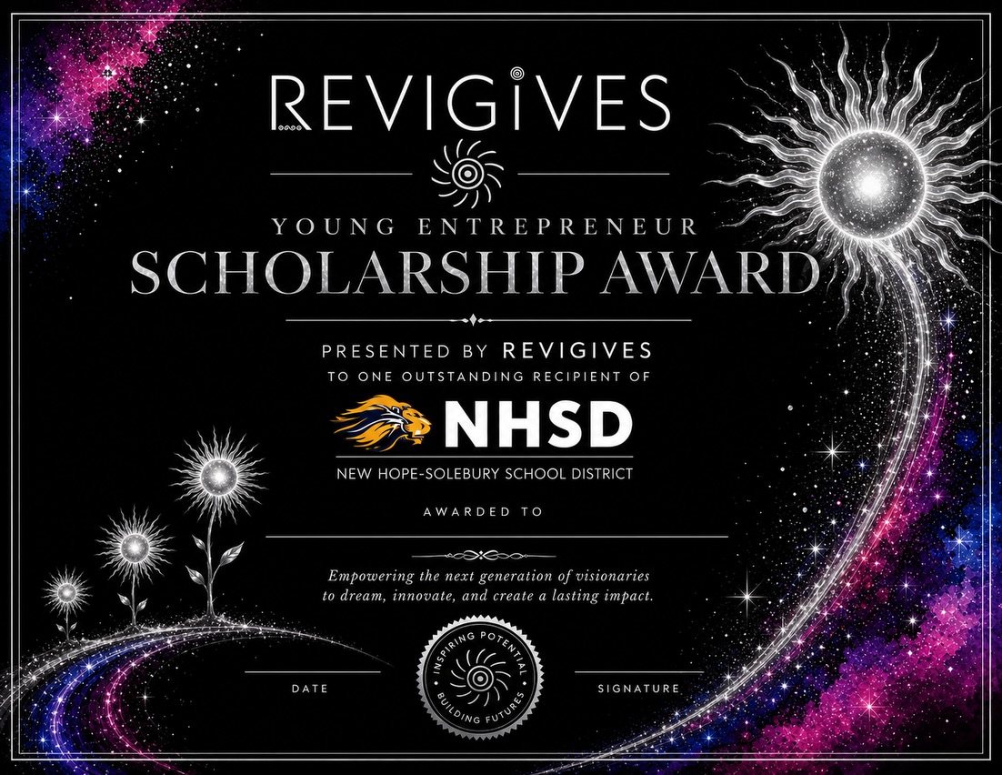 ReviGives Young Entrepreneur Scholarship certificate for New Hope-Solebury School District