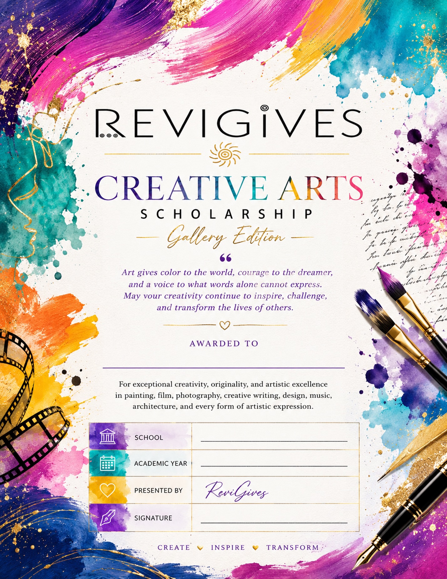 ReviGives Creative Arts Scholarship award certificate