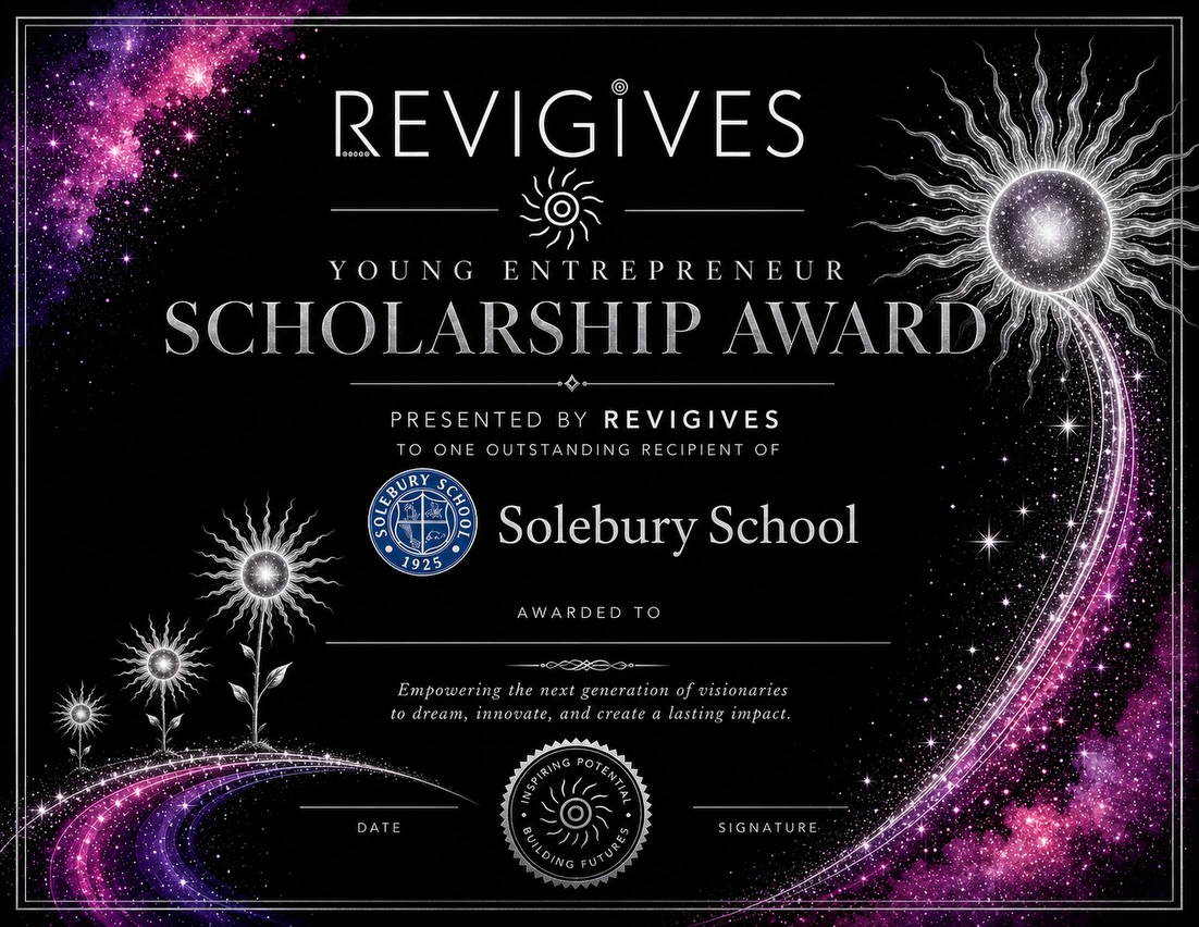 ReviGives Young Entrepreneur Scholarship certificate for Solebury School